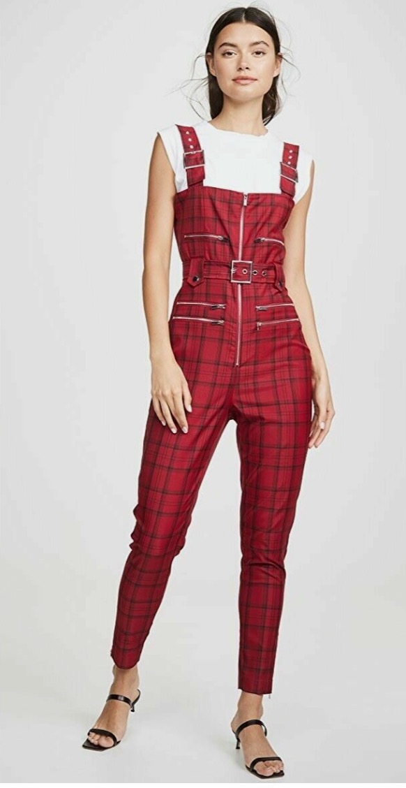 WeWoreWhat Plaid Moto Overalls/Jumpsuit Pompeian Red SLIM FIT HOLIDAY