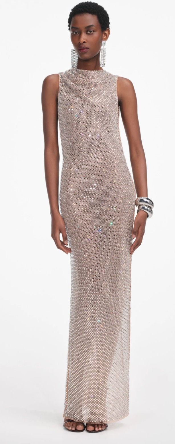 SILVER RHINESTONE DRAPE MAXI DRESS